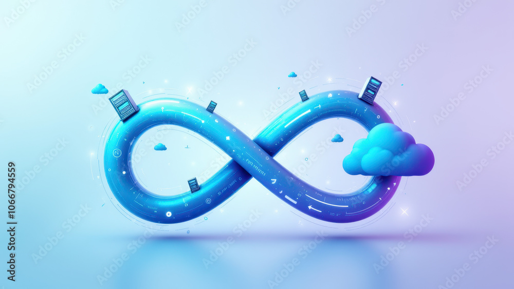 Ci/cd cycle concept illustration with cloud, data storage elements and infinity loop.