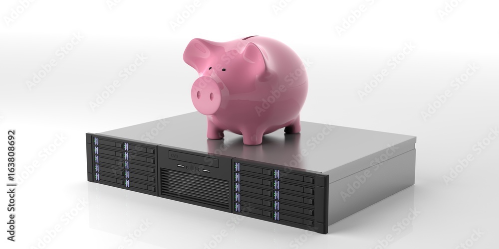 Computer server storage unit and a piggy bank on white background. 3d illustration