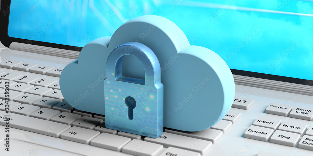 Cloud computing and cyber security, data protective shield. Blue cloud and padlock on a computer. 3d illustration