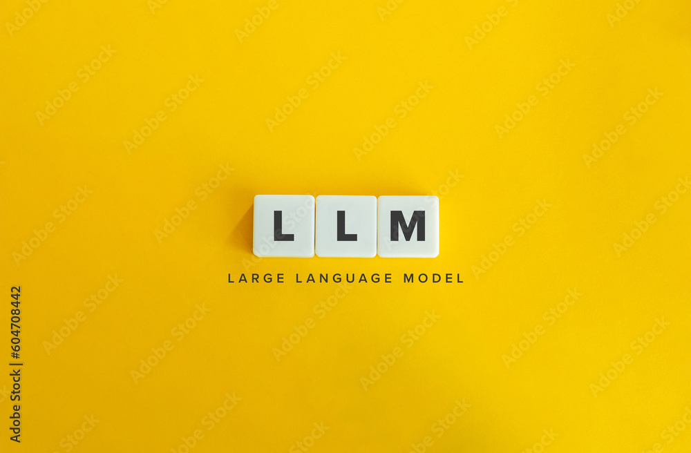 Large Language Model (LLM). Block Letter Tiles on Yellow Background. Minimal Aesthetics.