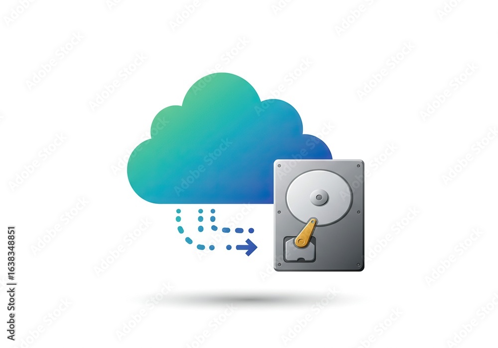 Cloud data storage and backup transfer to hard drive isolated on white background